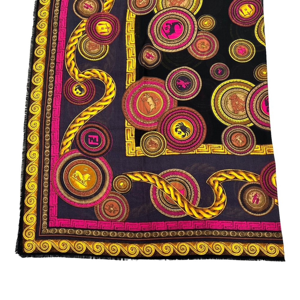 FENDI WOOL & SILK ZODIAC SIGNS IN BLUE, BLACK, PINK & GOLD FOULARD SCARF - Picture 10 of 14